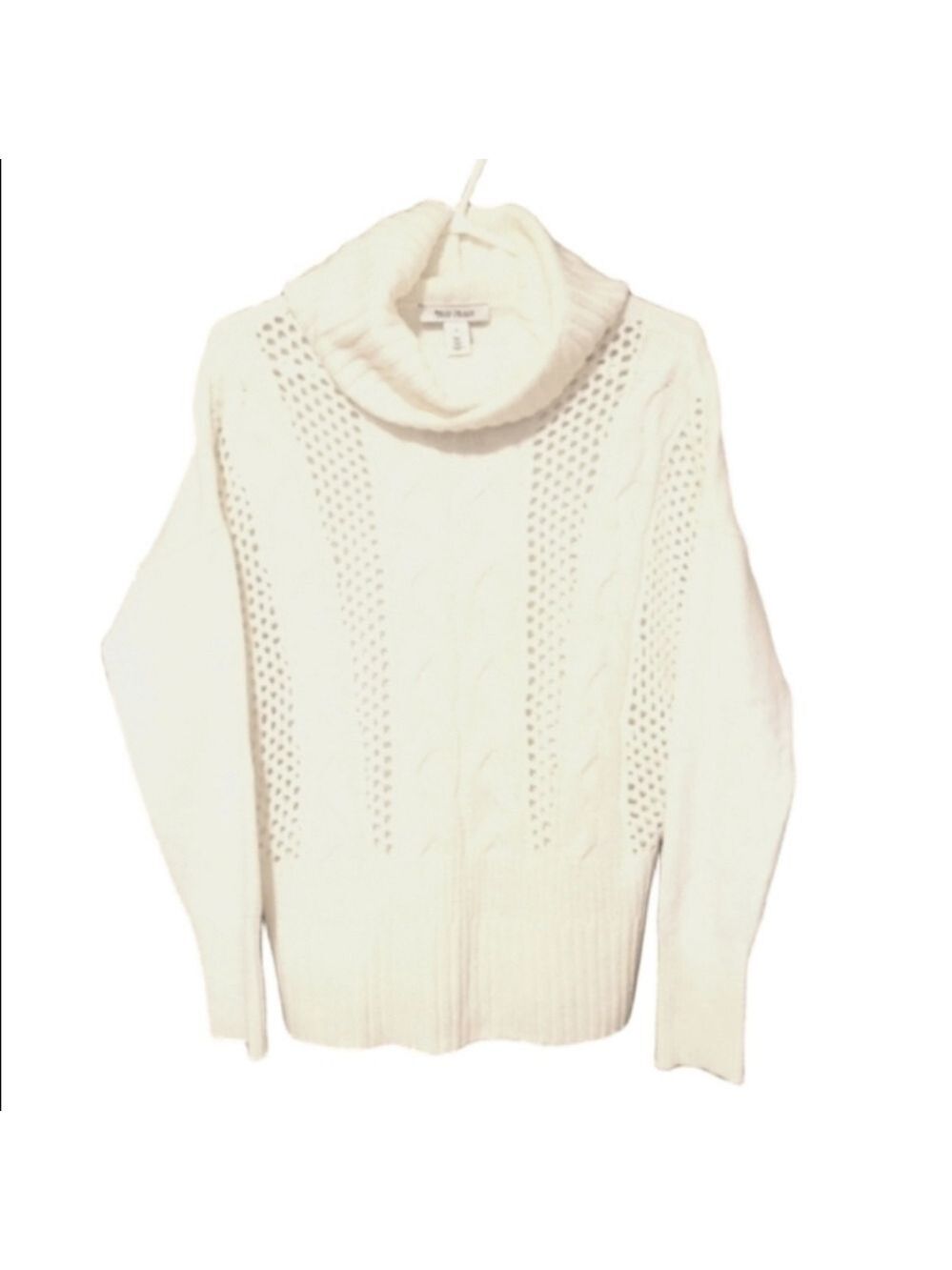 White House Black Market Cowl Neck Cable Knit Open Stitch Sweater White Small
